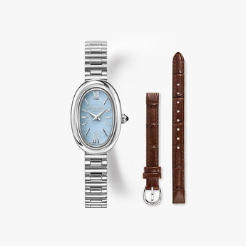 Mirror Blue Lace Agate Watch with Two Strap Set, featuring a natural blue lace agate dial and two interchangeable straps for versatile styling.