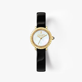 A luxury watch by Lola Rose, featuring a glossy black strap, a gold bezel, and a white mother-of-pearl dial with gold hands and indices, set against a clean white background.