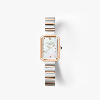 A Lola Rose women's watch featuring a rectangular rose gold case, a white mother-of-pearl dial with gold-tone hands, and a two-tone silver and rose gold link bracelet, set against a clean white background.