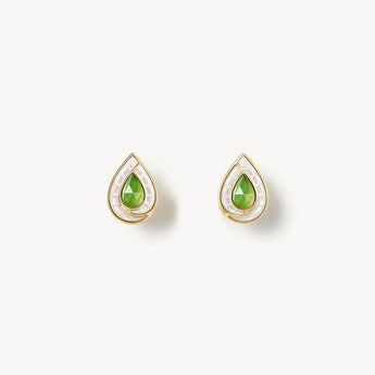 This is a pair of teardrop-shaped earrings that match the design of the previously shown necklace. The earrings feature a green teardrop gemstone at the center, surrounded by an inlay of white mother-of-pearl or a similar material, all enclosed within a sleek metal frame. The overall look is modern and elegant.