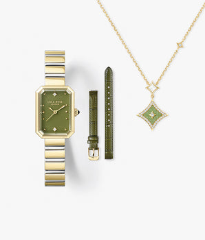 New Ms. Lola Green Onyx Watch With Two Strap Set & Aventurine Necklace Gift Set