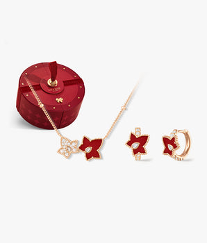 Red Carnelian Bead Necklace, 2-leaf motif & Huggie Earrings in Special Limited Edition Box