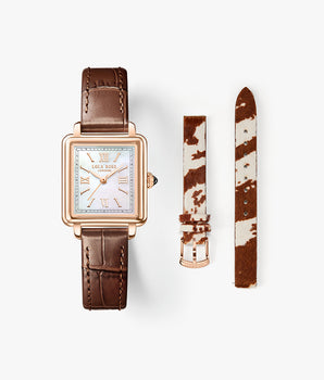 New Cube Mother of Pearl Watch with Cowhide Pattern Strap