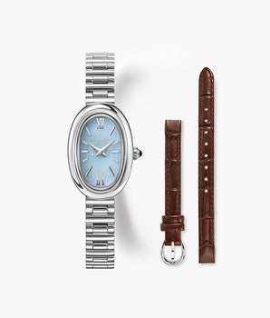 Mirror Blue Lace Agate Watch with Two Strap Set, featuring a natural blue lace agate dial and two interchangeable straps for versatile styling.