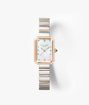 A Lola Rose women's watch featuring a rectangular rose gold case, a white mother-of-pearl dial with gold-tone hands, and a two-tone silver and rose gold link bracelet, set against a clean white background.