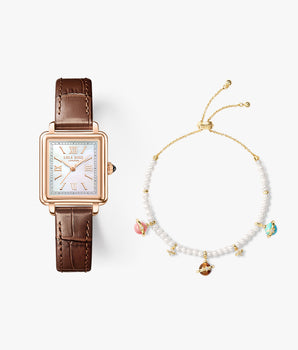 Cube Mother of Pearl Watch & Pearl Bracelet Gift Set